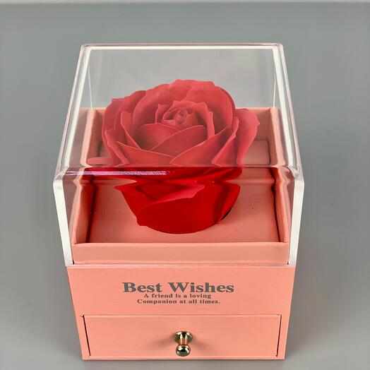 Red Artificial Rose In Pink Jewelry Box