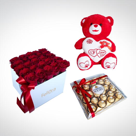 Red Roses Box With Chocolate And Teddybear