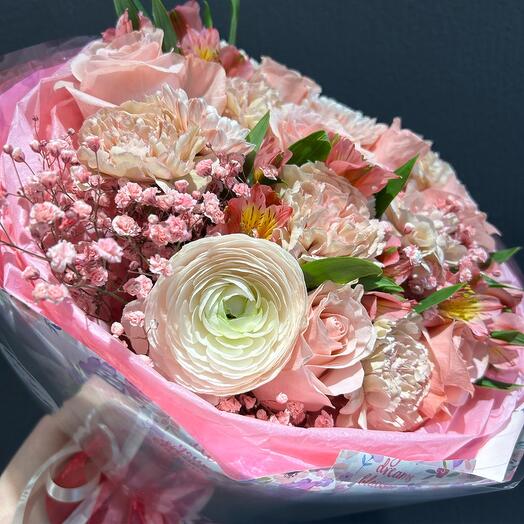 Розы, гипсофила , ранульконусы  в букете Восхищение 💖