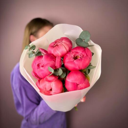 Pink bouquet of coral peonies with eucalyptus. Bouquet Scandi Flora 102