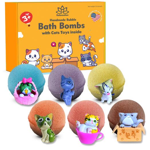 6 Bath Bombs for Kids with Surprise Cute Cats Toys Inside Great Gift for Kids Birthday