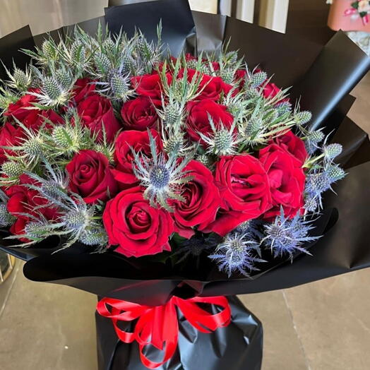 25 Red Roses with Eryngium Bouquet - Bold and Beautiful Floral Arrangement