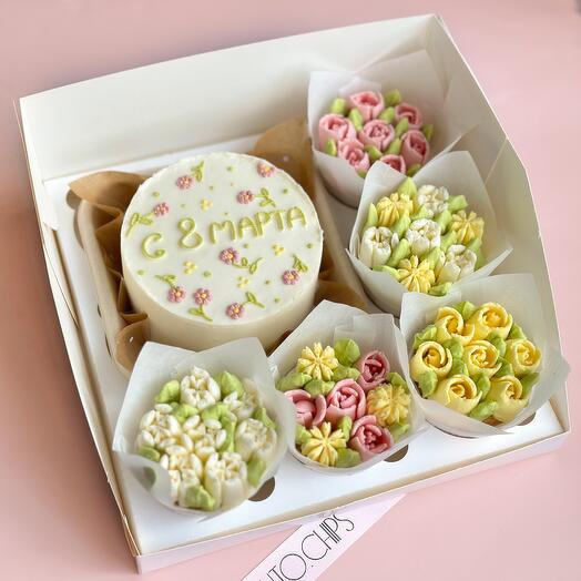 Set para 8 March Bento-Cake con cupcakes de flores para niña, amiga, esposa