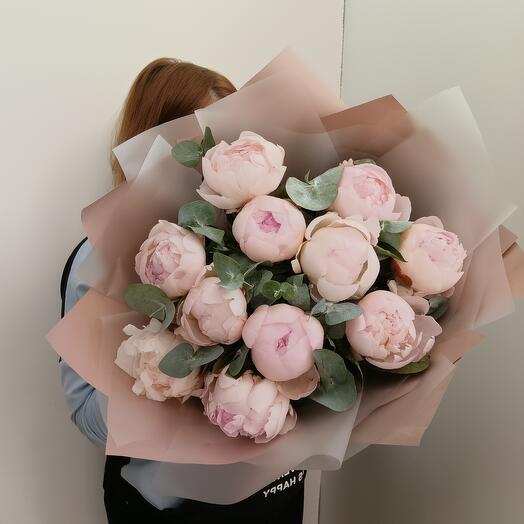 Monobook of peonies with eucalyptus