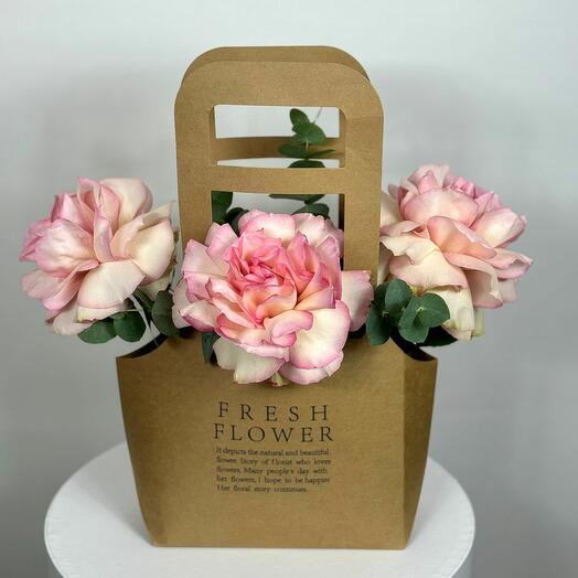 3 French roses in a handbag