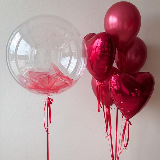 Набор шаров в красной гамме с сердцами и баблс