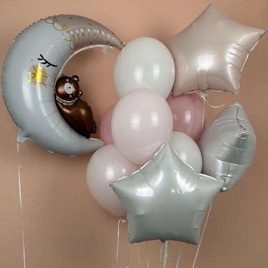 Набор из 6 латексных шаров (розовый), 4 фольгированных - 3 звезды и полумесяц