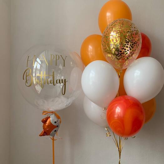 Набор шаров «Happy Birthday» в оранжево-белой гамме