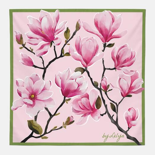 Шелковый платок 70х70 розовые магнолии