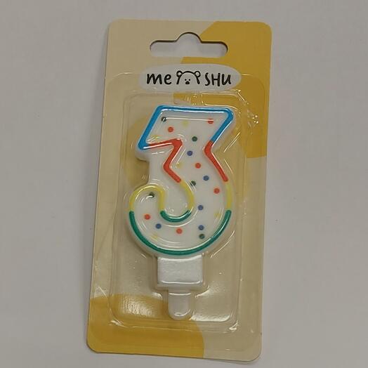 Свеча Цифра 3, Конфетти, 8,5см