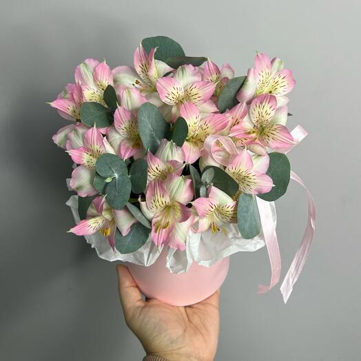 Коробочка я альстромерией и эвкалиптом