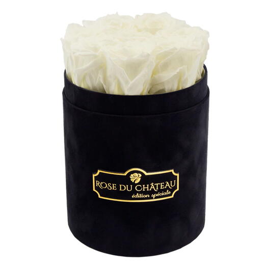 Rosas Eternas Brancas em Caixa Preta Pequena Flocada