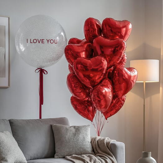 Гелиевые шары Сердца красные в наборе I Love You