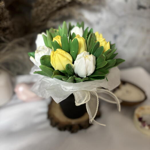Букет из мыла Тюльпаны (белый, желтый)
