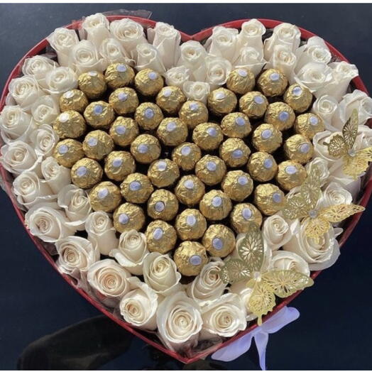 Розы и конфеты Ferrero Rocher «Большое сердце »