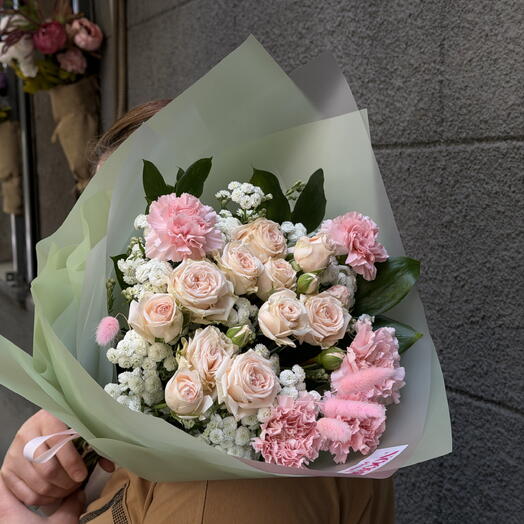 Soft Blush Spray Rose   Pink Carnation Bouquet