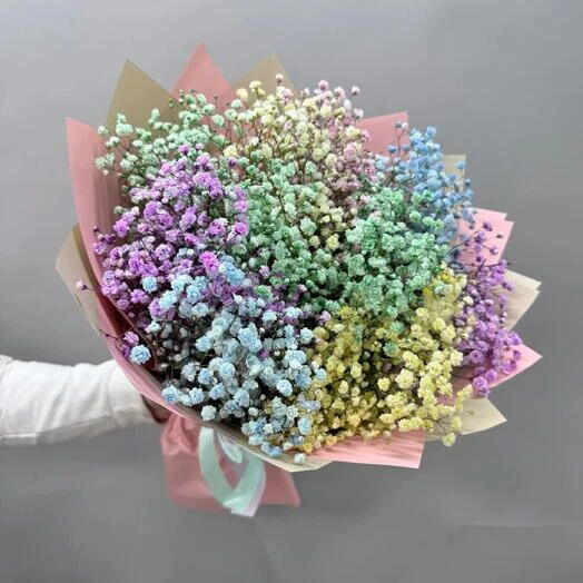 Букет радужных гипсофил 9шт от Flowerstorg N736 + подарок от Vivienne Sabo — румяна MACARON