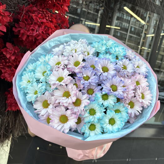 Дофаминовый букет из хризантем 9шт💜🩵💖