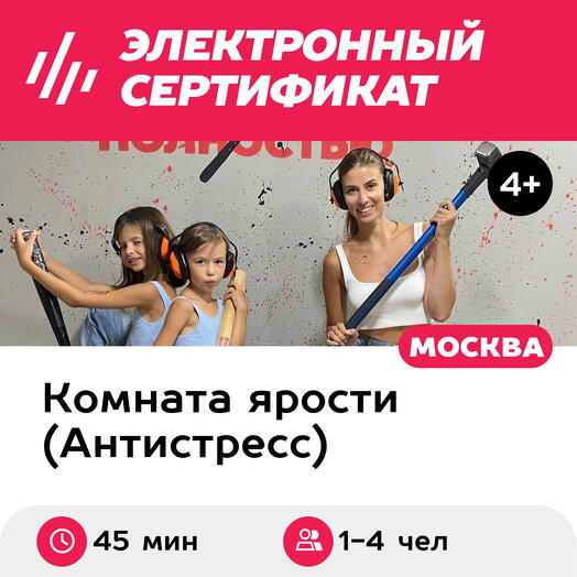 Подарочный сертификат Комната ярости, тариф Детский, для 1-4 чел., 45 мин. (Китай-город)