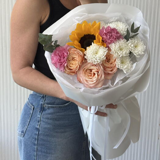 🌻ДОФАМИН С ПОДСОЛНУХОМ И ПИОНОВИДНЫМИ РОЗАМИ