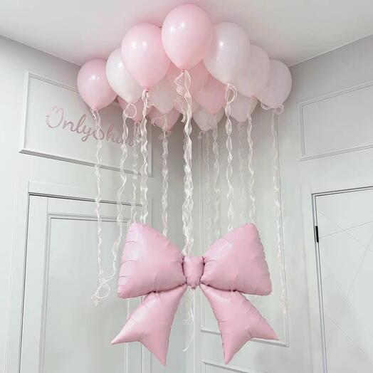 🎀ВАУ🎀 Красивый набор шаров / Розовые шары / Шар «Бантик» + 15 шаров под потолок / Воздушные шары с органзой / Шары с гелием