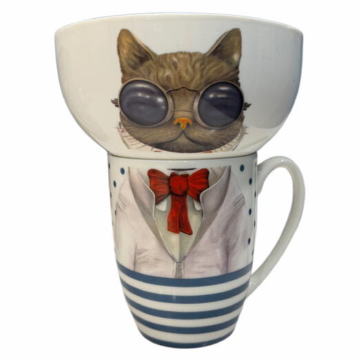 Набор посуды (2шт) с крутым котом. Set of cup and plate (2pcs) with cool cat