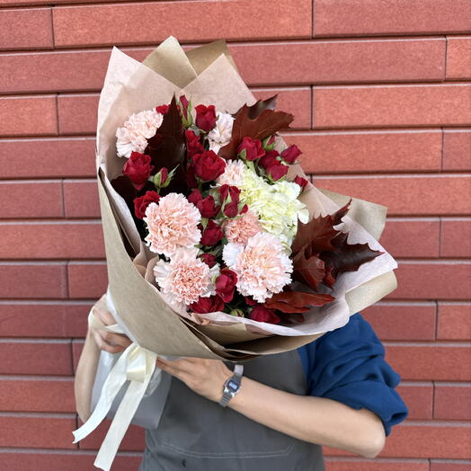 Осенний велюр 🍁/ кустовые розы, диантусы, гортензии, листья дуба