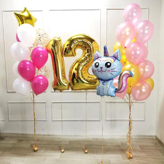 Набор шаров с гелием. Композиция из шаров "Голубой Котенок-единорог"