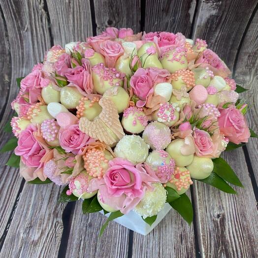 Heart with chocolate-covered strawberries and roses