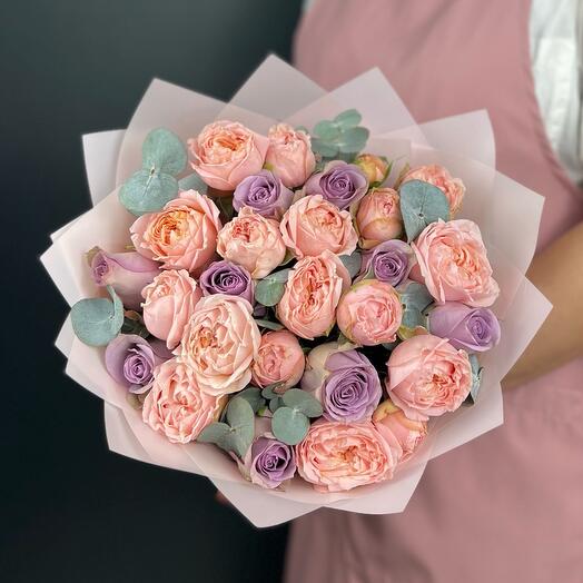 Author's bouquet of pink peony and lavender Roses with Eucalyptus
