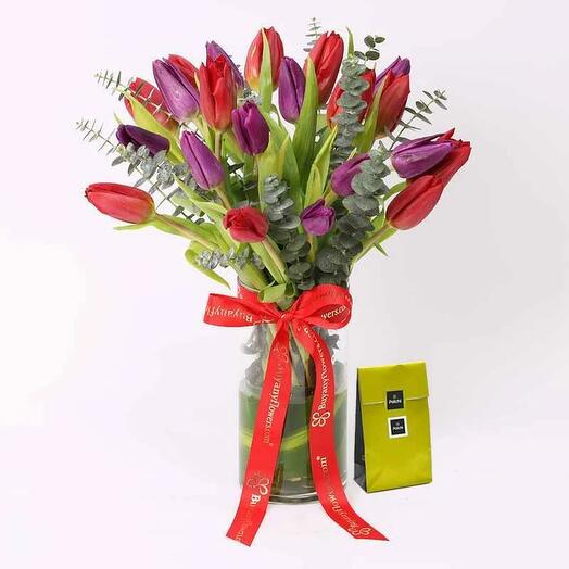 Scarlet Beauty 19 Tulips Vase and Deluxe Patchi Chocolates