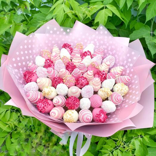 Chocolate-covered strawberries.A large bouquet