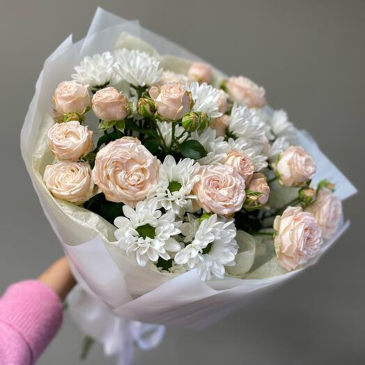Bouquet with peony roses and chrysanthemums
