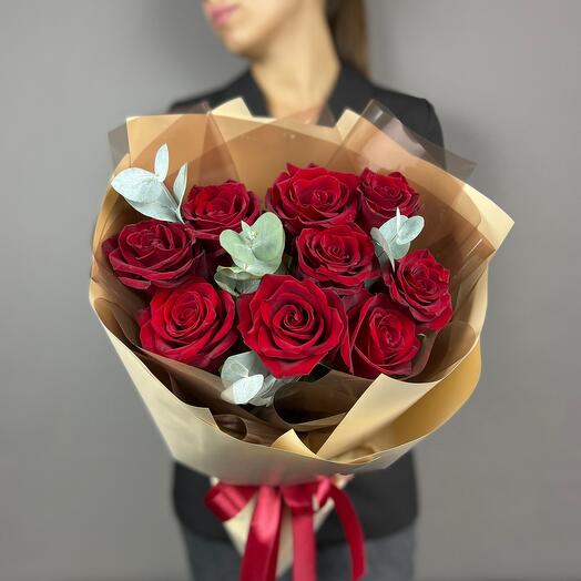 St. bouquet 92 of 9 red roses and eucalyptus