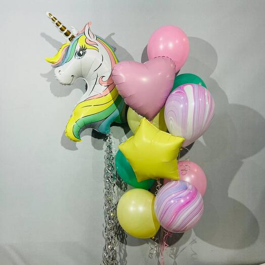 Multicolored helium balloons with unicorn 12 pieces