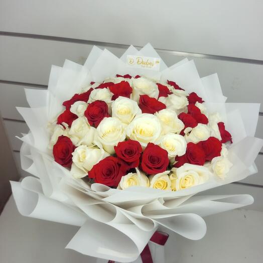51 Red   White Roses Bouquet