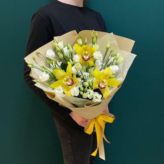 Vibrant Yellow Orchid and Lisianthus Bouquet