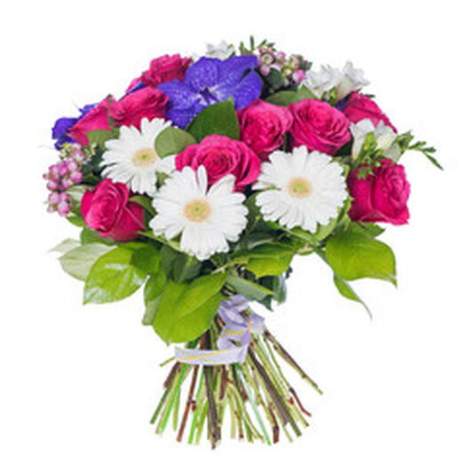 Lovey Dovey: 20 Fuchsia Roses, 5 White Gerberas, 2 Stems Purple Estoma   1 Stem Purple Wax