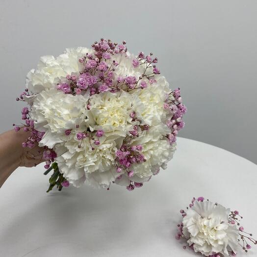 Букет невесты с розовой гипсофилой и гвоздикой💖