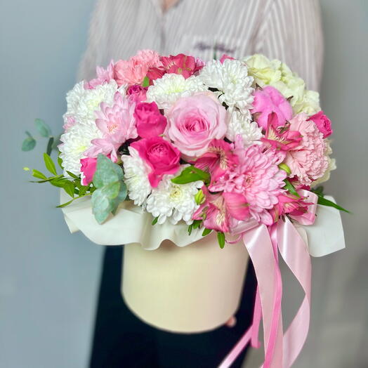 Цветы в коробке розовое облако 💖