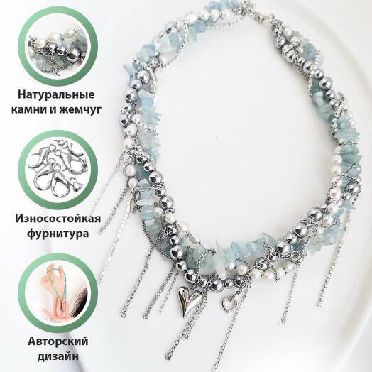 Многорядное колье-скрутка с жемчугом, гематитом и аквамарином 40 см