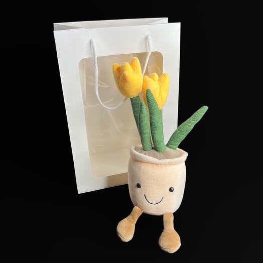 Мягкая игрушка в подарочном пакете Цветок в горшочке Тюльпан Желтый