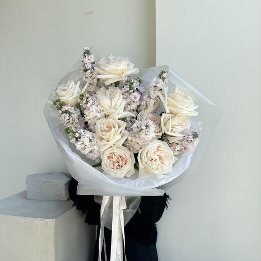 Fragrant bouquet of white O'Hara peony rose and curly mattiola