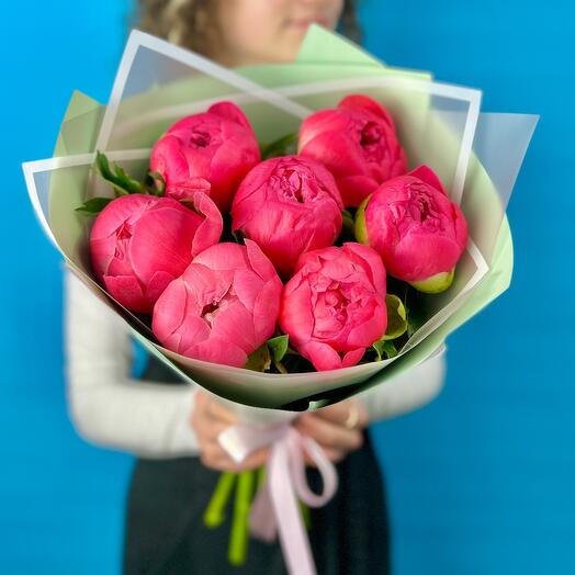 Букет Пионы 7 шт Coral Sunset. Монобукет 674. Leora Flowers дом цветочной моды