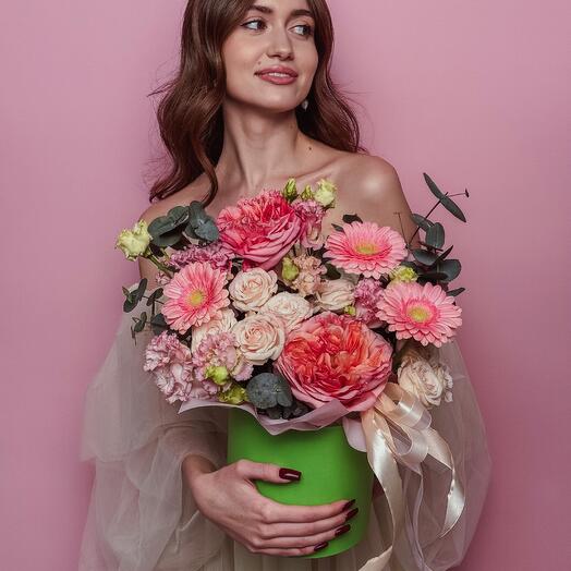 Flowers in a box with Gerberas and Peony-shaped roses