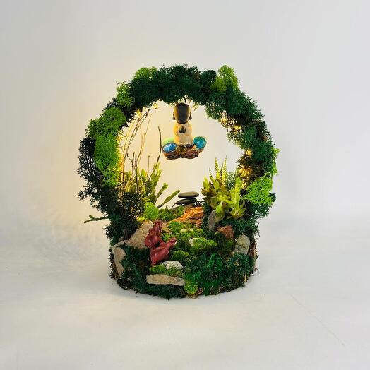 Interior author's composition with cactus succulent and Buddha