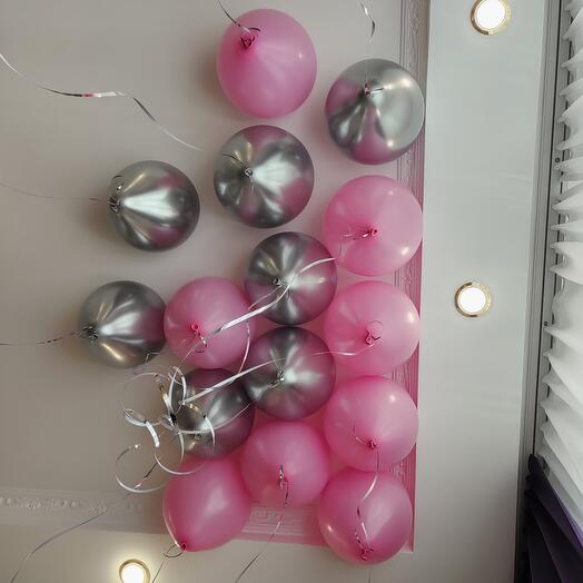 Гелиевые шары под потолок 15 шт. Серебро и розовый