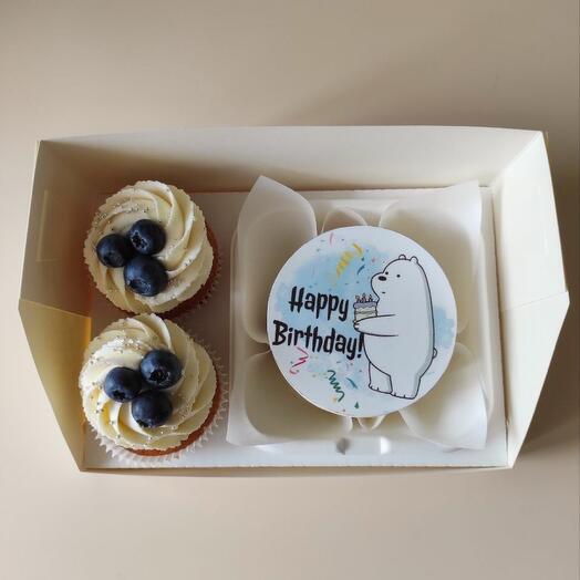 Бенто-торт «Happy birthday » /с днем рождения и 2 ванильных капкейка для девушки /парня, брата/сестры