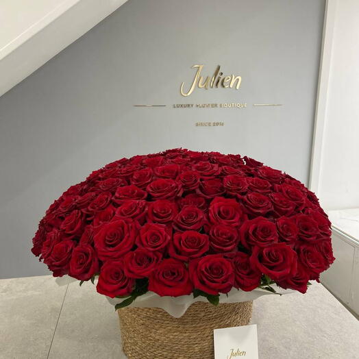 150 Red Roses in a Woven Basket