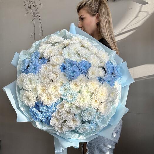Нежный букет из кустовых хризантем в голубом цвете